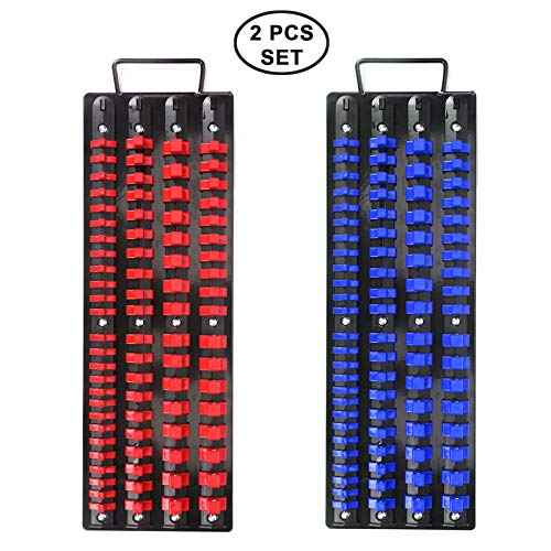 CASOMAN 80-Piece Portable Socket Organizer Tray, 2 Pcs Set, Blue & Red, 1/4-Inch, 3/8-Inch, 1/2-Inch,Heavy Duty Socket Organizer, Black Rails, Blue & Red Clips