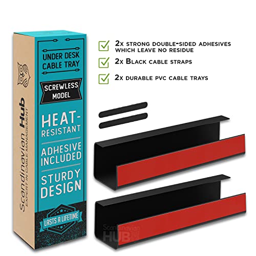 Scanfield 17-Inch Under Desk Cable Management Tray No-Screw 2-Pack Black - Self-Adhesive