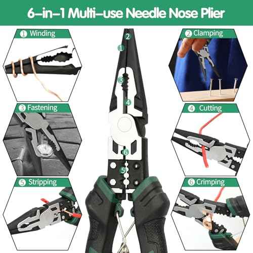 9'' Needle Nose Pliers, 6-in-1 Multifunction Long Nose Pliers, with Spring Loaded Safety Lock, for Fastening, Winding, Cutting, Stripping, Crimping, Clamping