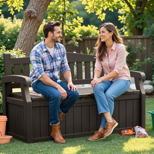 Flamaker Brown 80 Gallon Waterproof Outdoor Storage Bench with Seat, No Cushion