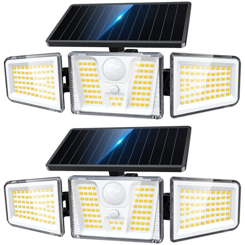 KOOPER Black 2-Pack Solar Flood Lights with 210 LED & Motion Sensor, 3 Heads Wide Angle Outdoor Security Lighting