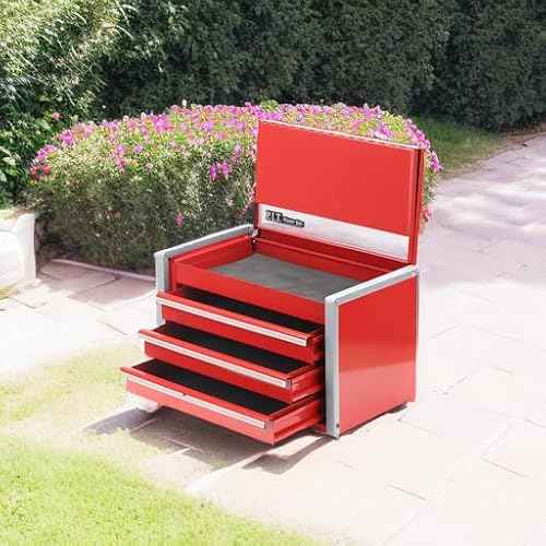 P.I.T. Mini Red Tool Box, Portable 3 Drawer Steel Stackable Tool Box with Magnetic Tab Locking, Red Micro Top Chest with Liner for Tools Storage and Organizers, Home DIY