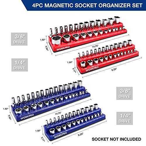WORKPRO Magnetic Socket Organizer Set, 4-Piece Socket Holder Set Includes 1/4", 3/8" Drive Metric & SAE Socket Trays, Holds 108 Pieces Standard and Deep Size Sockets (Sockets not Included)