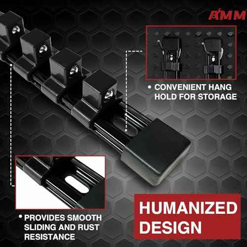AMM 9-Piece Socket Organizer, 1/2 inch, 3/8 inch and 1/4 inch Drive ABS Tools-Black Socket Holder,Heavy Duty Socket Racks, Premium Quality Socket Clip Rail Holder,The best tool trays in the garage