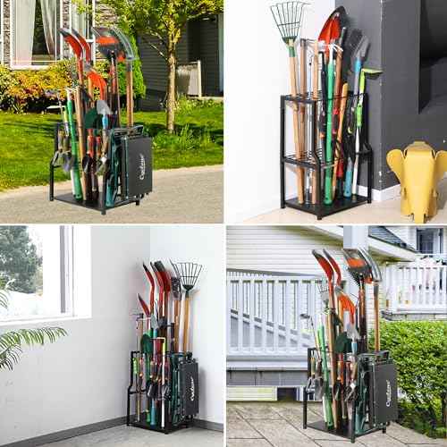 YueTong Garden Tool Organizer Heavy Duty,Yard Tool Tower Rack,Garage Storage Organization for Long Handle Tools,Rake,Brooms,Extra Hooks for Small Shovel,Shear.All Metal,Free Standing.