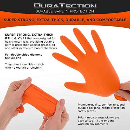 Dura-Gold Duratection 8 Mil Orange Super Duty Diamond Textured Nitrile Disposable Gloves, 3 Boxes of 100, Large - Latex Free, Powder Free, Food Safe, Safety Protection Work Gloves, Industrial