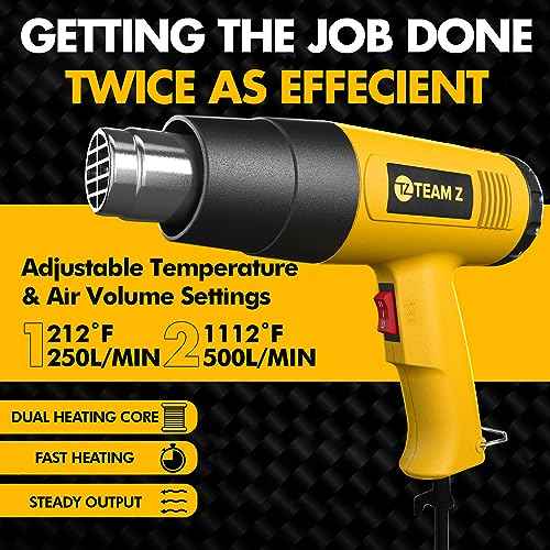 Team Z 1800W Heat Gun Kit 212¡ÆF to 1112¡ÆF(Only ¡ÆF)- Fast Heating Heavy Duty Hot Air Gun, LCD Display, Overload Protection with 4 Nozzles for Shrink Wrap, Soften Paint, Bend Plastic Pipes and More
