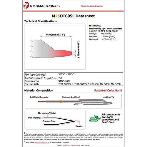 Thermaltronics M75DT005L Desoldering Tip - Inner Diameter 1.35mm (0.05in), Long Reach interchangeable for Metcal STDC-705L
