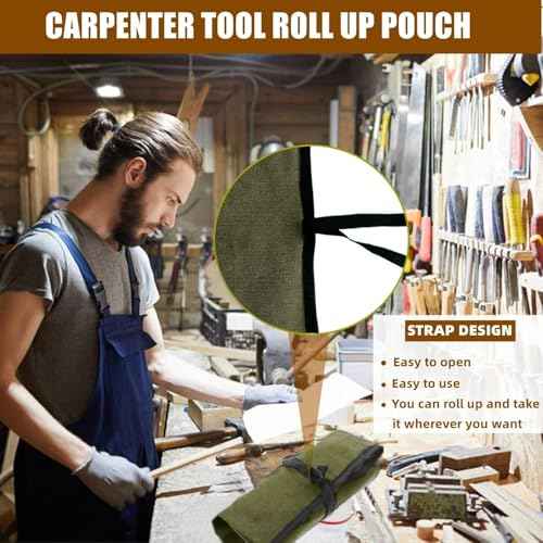 BLIRITEL Small Canvas Chisel Roll, Chisels Bag Tool Organizer with 4 Pockets, Metal Pry Bar Plier Wrench Roll Tool Pouch for Mechanic Carpenter Craftsman (Army Green)