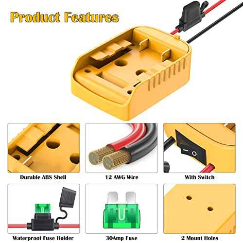Power Wheels Adapter for Dewalt 20V Battery Adapter Power Wheels Battery Conversion Kit with Switch, Fuse & Wire Terminals, 12AWG Wire, Power Connector for DIY Ride On Truck, RC Car Toys and Robotics