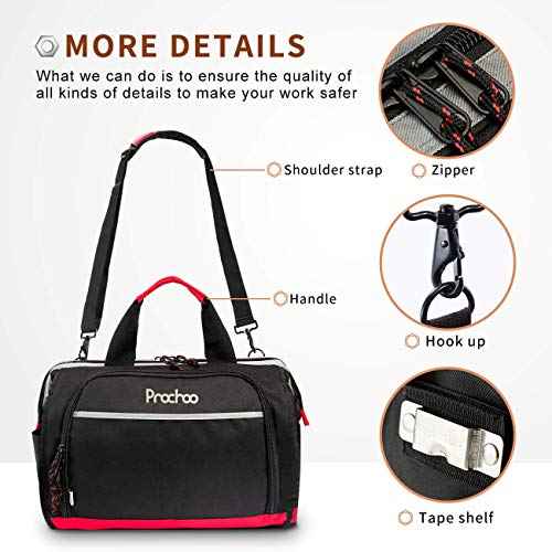 Waterproof Tool Bags for Men or Women, 16-inch Wide Mouth Tool Tote Bag with 25 Pockets for Tool Organizer & Storage, with Adjustable Shoulder Strap (16IN, Black/Red)