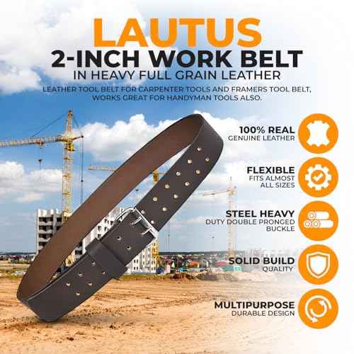LAUTUS 2" Leather Tool Belt ? Heavy Duty Genuine Top-Grain Leather Work Belt with Double Prong Buckle, Adjustable 30"-46" Waist, Carpenter & Electrician Construction Belt