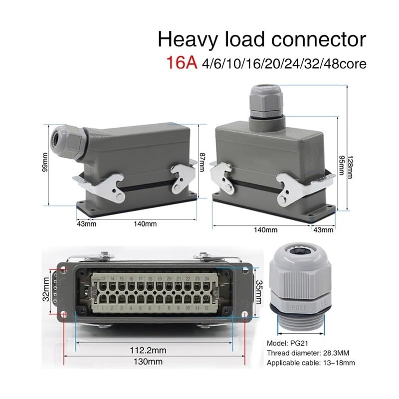 IIUUAYUVI Rectangle Heavy Duty Connector HDC-HE-04/6/16/20/24/32/48 Core Pins Industry Plug Socket Connector 500V 16A(32 core top line)