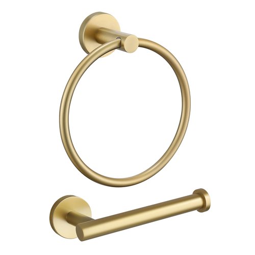 Smowfes Brushed Gold Bathroom Accessories Set - 2 Piece Wall Mounted Toilet Paper Holder & Hand Towel Ring, Durable Stainless Steel with Brass Finish, Rustproof Bathroom Hardware Installation Kit