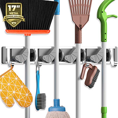 Holikme Silver Wall Mount Mop & Broom Holder with 4 Hooks, Metal Organizer