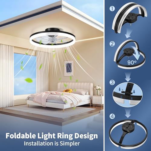 CHAREADA 20" Black Ceiling Fan with Light, Remote & App Control, Low Profile Foldable Design