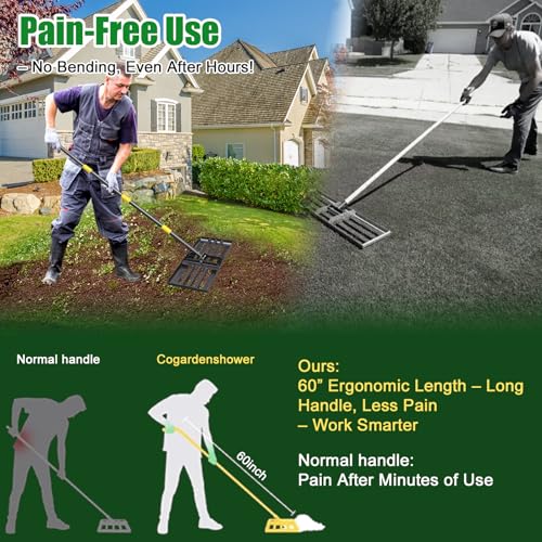 Cogardenshower Heavy Duty 30x10 Inch Stainless Steel Lawn Leveling Rake with Adjustable Handle, Reinforced Welds, Anti-Flipping Edge - 5FT Version