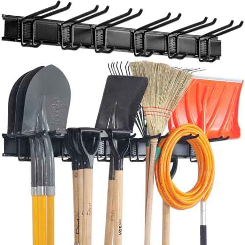 Wall Mount Tool Storage Rack, Garage Organization, Heavy Duty Garage Storage Tool Organizer, Garden Tool Wall Hooks and Hangers, Hold Up to 350lbs Black