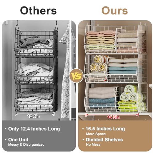 White 3-Tier Closet Hanging Shelves with Divider & S Hooks - Large Storage Organizer