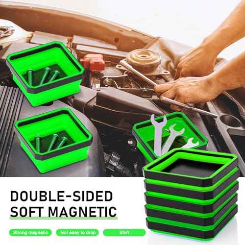 Barydat 10 Pcs Magnetic Tool Tray Collapsible Foldable Parts Trays Set Magnetic Screw Tray Magnetic Parts Bowl Square Silicone Magnetic Tool for Bolts Nuts Washers Pins Screw Parts (Green)