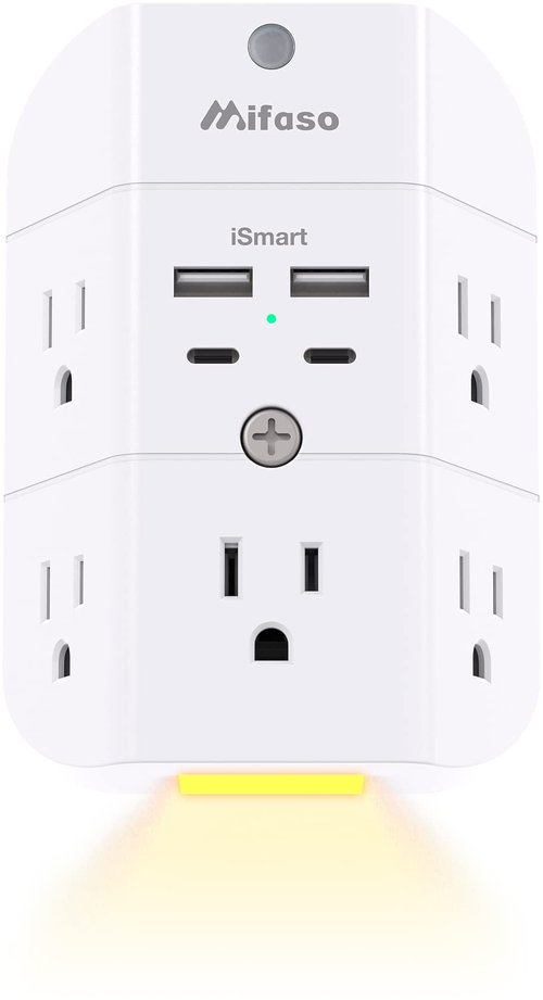 Surge Protector Outlet Extender - with Night Light, 5-Outlet Splitter and 4 USB Ports (2 USB C Charger), Multi Plug Outlet for Home, Dorm Room Essentials