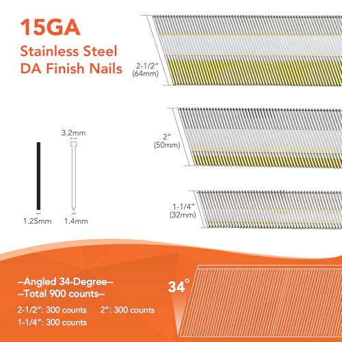 PINOZE Stainless Steel 15 Gauge Angled Finish Nails 34-Degree Assorted Sizes 900-Pack