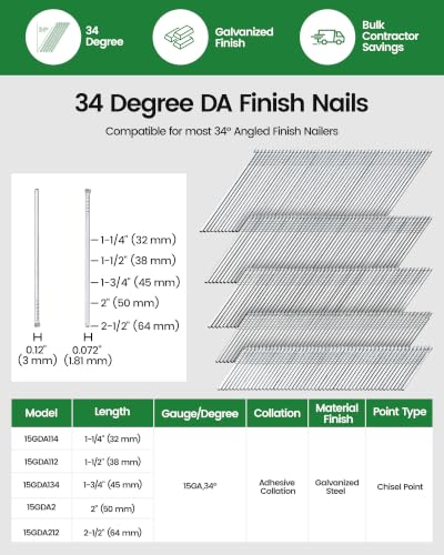 Meite 15 Gauge Angled Finish Nails 2 Inch 34 Degree Galvanized, 2000PCS - Compatible with Most Nailers