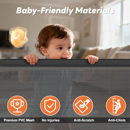 Peluasua Black Retractable Baby Gate for Doorways 55" Wide x 33" Tall Mesh Pet & Child Safety Barrier