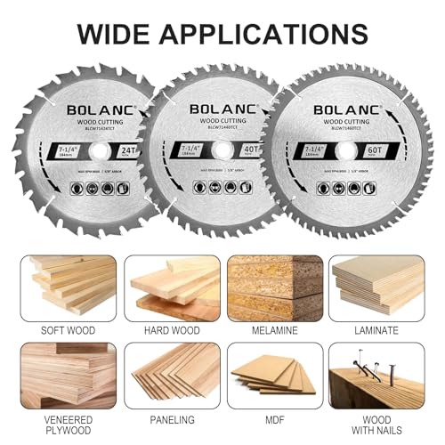 Framing 3-Pack 7-1/4 Inch 24T&40T&60T Wood Cutting Carbide Circular Saw Blade with 5/8 Inch Diamond Knockout Arbor