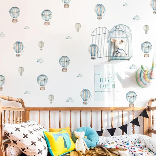 10 Sheet Boy Wall Decals Peel and Stick, Watercolor Blue Hot Air Balloon and Clouds Wall Sticker for Baby Kids Room Playroom Gender Neutral Room Nursery Wall Art Decor