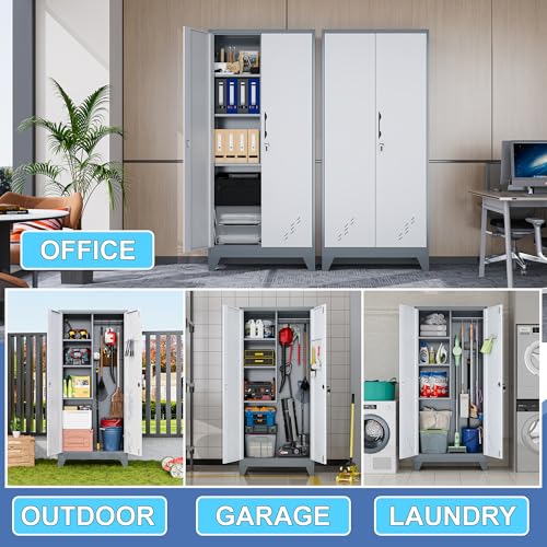 61" Metal Lockable Storage Cabinet with Pegboard & Hanging Rod – White & Gray