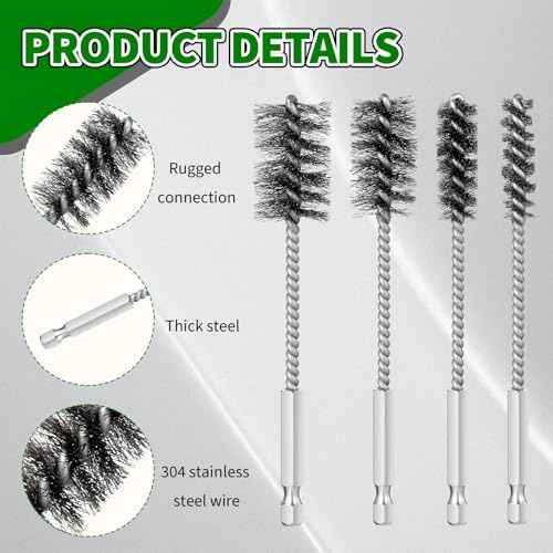4 Pcs Stainless Steel Bore Brush Set Drill Wire Brush Small Wire Brushes with Hex Shank Handle for Drill Ports Tubes Bearings Cleaning Parts 3/8'' 1/2'' 3/4'' 7/8''