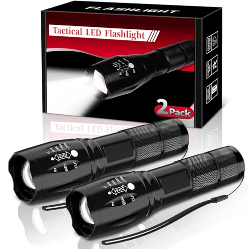 BESTSUN Black Mini Tactical LED Flashlight 2 Pack, Waterproof, 5 Modes, Zoomable, Compact for Camping & Emergencies