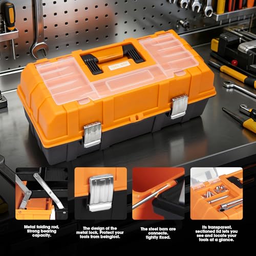 Torin 17-Inch 3-Tier Plastic Tool Box with Tray Dividers, Black/Orange ATRJH-3430T