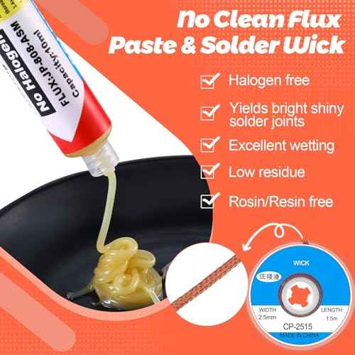 Blulu 6 Pcs 10ml 8341 No Clean Solder Flux Paste and Wicks Tacky Soldering Flux with Plunger and Dispensing Tip 1.5 Meter Length Solder Wick Braid for Electronics