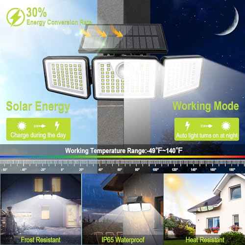 2500LM Solar Lights Outdoor with Motion Sensor,3 Head 270¡Æ Wide Angle Street Area Lights, IP65 Waterproof Security Lighting with 3 Modes(Non-Remote,2 Pcs)