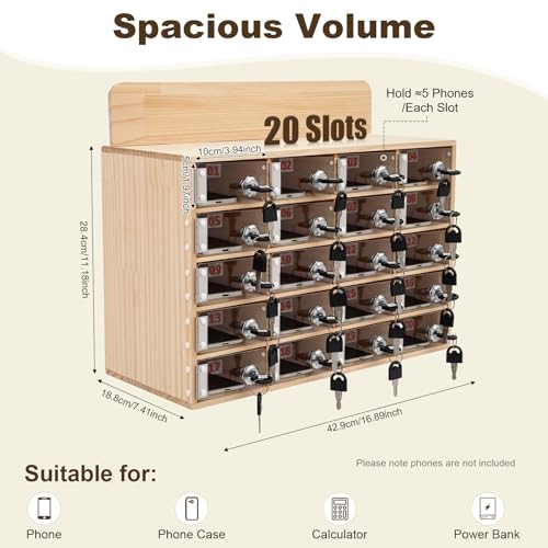Namiose 20-Slot Wooden Cell Phone Locker Box with Keys - Secure Storage for Office & Classroom