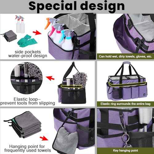 Extra large Cleaning Caddy Bag Built-in Sturdy Support Board, Cleaning Organizer with Detachable Divider, Cleaning Supply Tote with Adjustable Shoulder Strap (Purple, 19'' x 11'' x 11'')