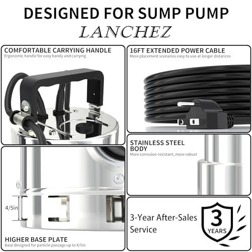 LANCHEZ Large 1.6HP Submersible Sump Pump with Float Switch, 6000GPH, Stainless Steel