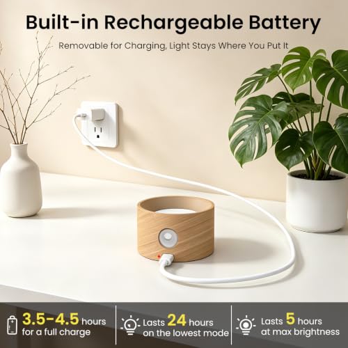 Koopala Wood-A Rechargeable LED Wall Sconce with Magnetic 360° Rotation - Cordless Bedside Reading Light, 3 Color Temperatures & Brightness Levels