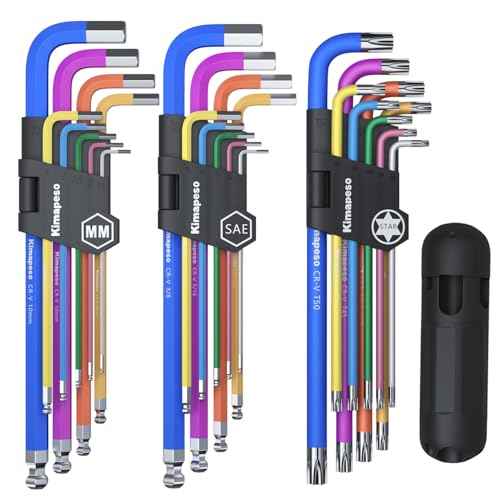 Hex Key Set 27PCS Long Arm Allen Key Set Extra Long Ball End Allen Wrench Set Metric Imperial Torx With T-Handle Metric 1.5mm-10mm, SAE 1/16-3/8, Star Key Set T10-T50