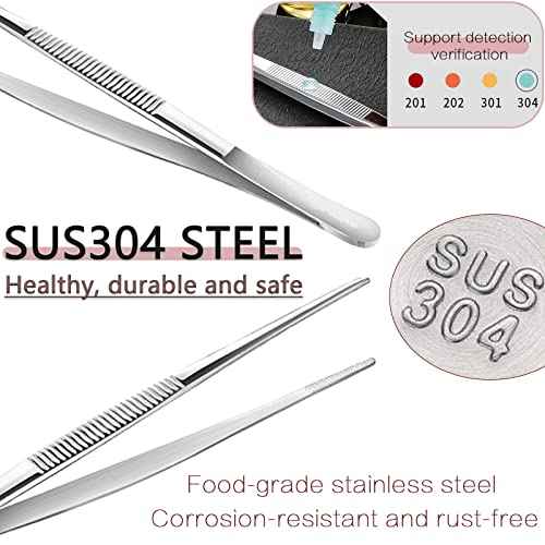 3pcs 8 10 12 Inch Stainless Steel Tweezers Tongs Kit, Extra Long Straight Tweezer, Serrated Tip Multi-Purpose Tweezers for Cooking, Crafts, Repairing, Medical, Water Plants, DIY