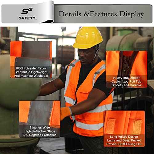 sesafety Reflective Safety Vest with Pockets and Zipper, High Visibility Construction Vest, Hi Vis Vest, ANSI Class 2, Orange, M