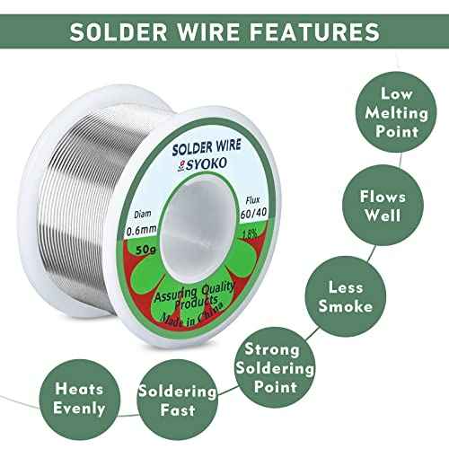 SYOKO 60/40 0.6mm 50g Tin Lead Rosin Core Solder Wire for Electrical Soldering, Soldering Wire, Electrical Solder, 1.8% Solder Flux (0.6mm 50g)