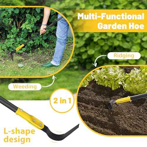 Garden Hoe Tool, 63 Inch L Shaped Hoe Garden Tools with Adjustable Long Handle for Weeding, Loosening Soil,Trenching, Heavy Duty Crack Crevice Weeding Hoe Hand Garden Tools for for Gardening Planting