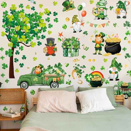 St. Patrick's Day Wall Decals Stickers Green Truck Shamrock St. Patricks Day Window Clings Lucky Clover Golden Coins Irish Spring Holiday Home Kitchen School Office Decor Party Supplies Decoration