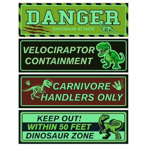 Glow in The Dark Dinosaur Wall Stickers, Dangerous Dinosaur Attacks Warning Wall Decals for Dino Areas, Velociraptor Fence Warning Ceiling Decor, Boys Kids Bedroom Home School Nursery Party Supplies