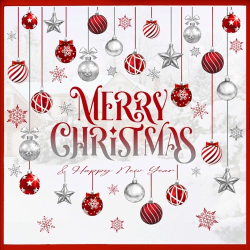 Mfault Merry Christmas Balls Window Clings 4 Sheets, Happy New Year Xmas Snowflake Stars Stickers Decals Decorations, Winter Holiday Home Kitchen Decor
