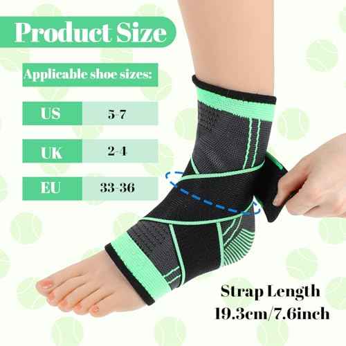 2 Pcs Ankle Brace for Kids - Kids Compression Socks, Youth Ankle Brace for Sports, Adjustable Support for Running, Sprains and Fitness, Compression Ankles Socks for Women, Unisex (Green)