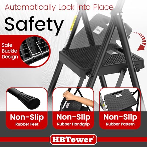 3-Step Folding Step Ladder - Black, Portable Anti-Slip Steel Stool for Home & Garage